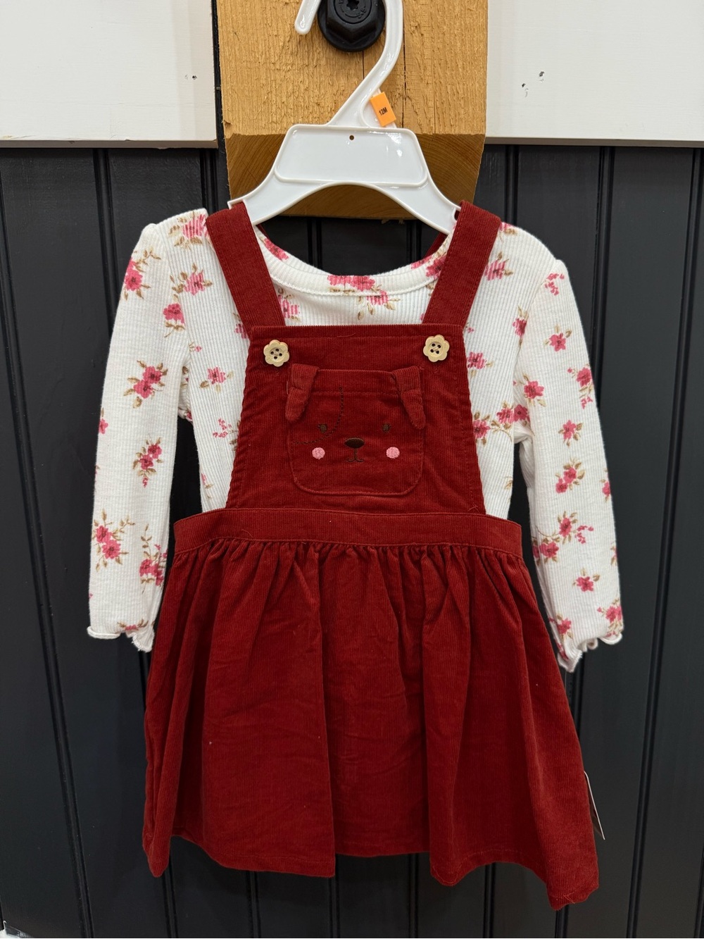 Little Me Red Corduroy Pinafore Dress with Floral Top